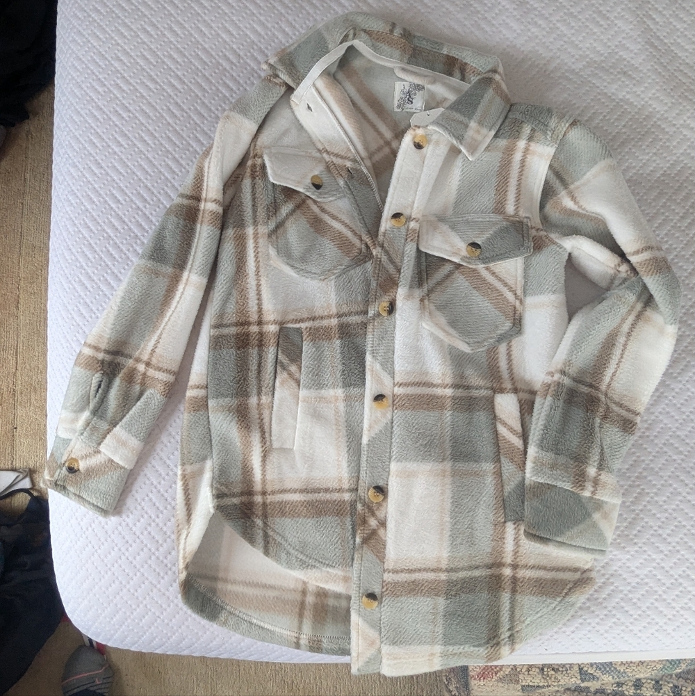 Altar'd State Cream and Gray Fleece plaid Jacket
